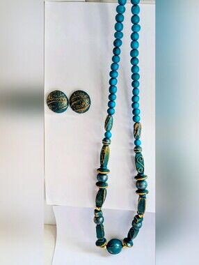 Vintage Bohemian Teal and Gold Antiqued Wood Bead Statement Necklace & Earrings